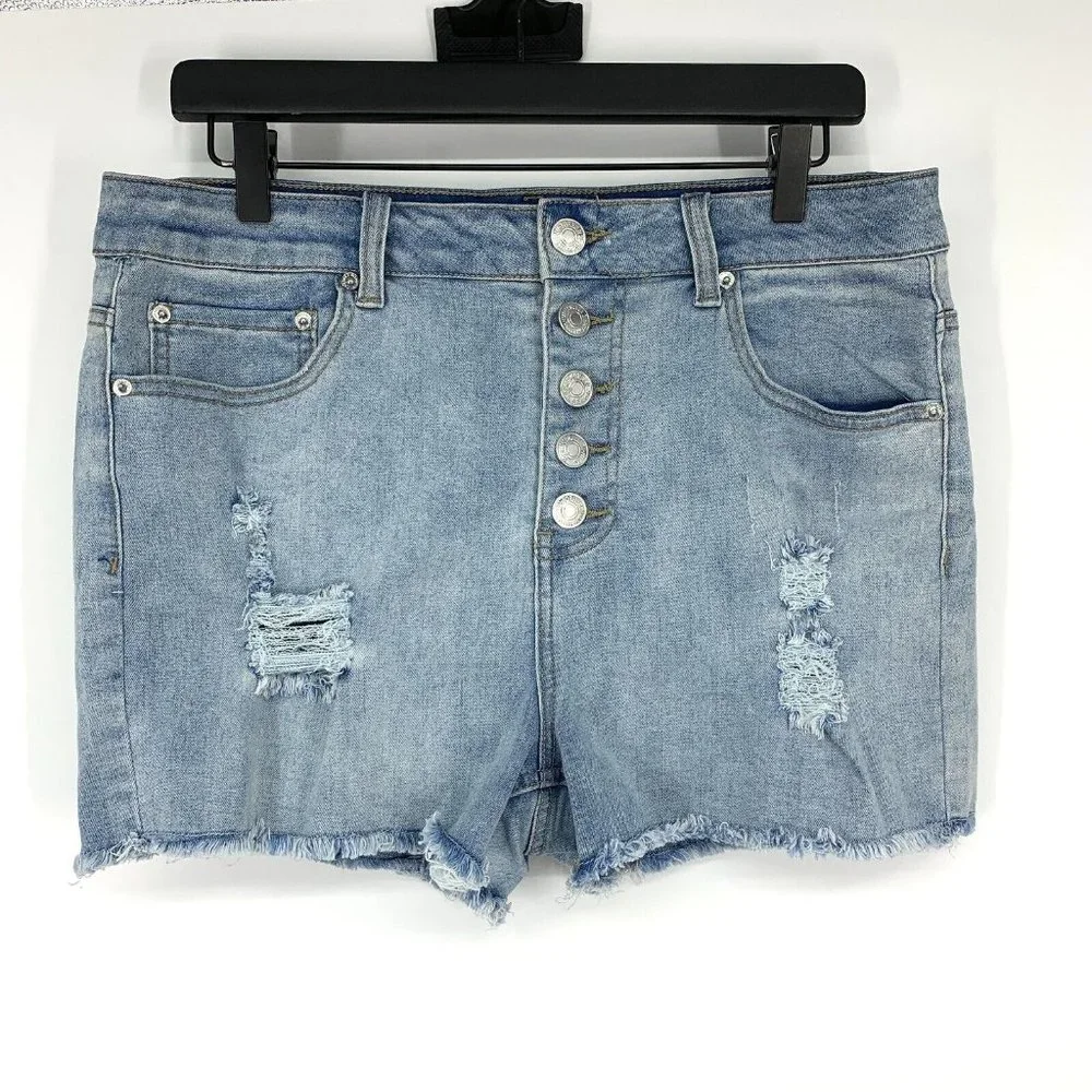 Forever 21 Denim Shorts Button Fly Blue Distressed Denim Fray - Picture 1 of 9